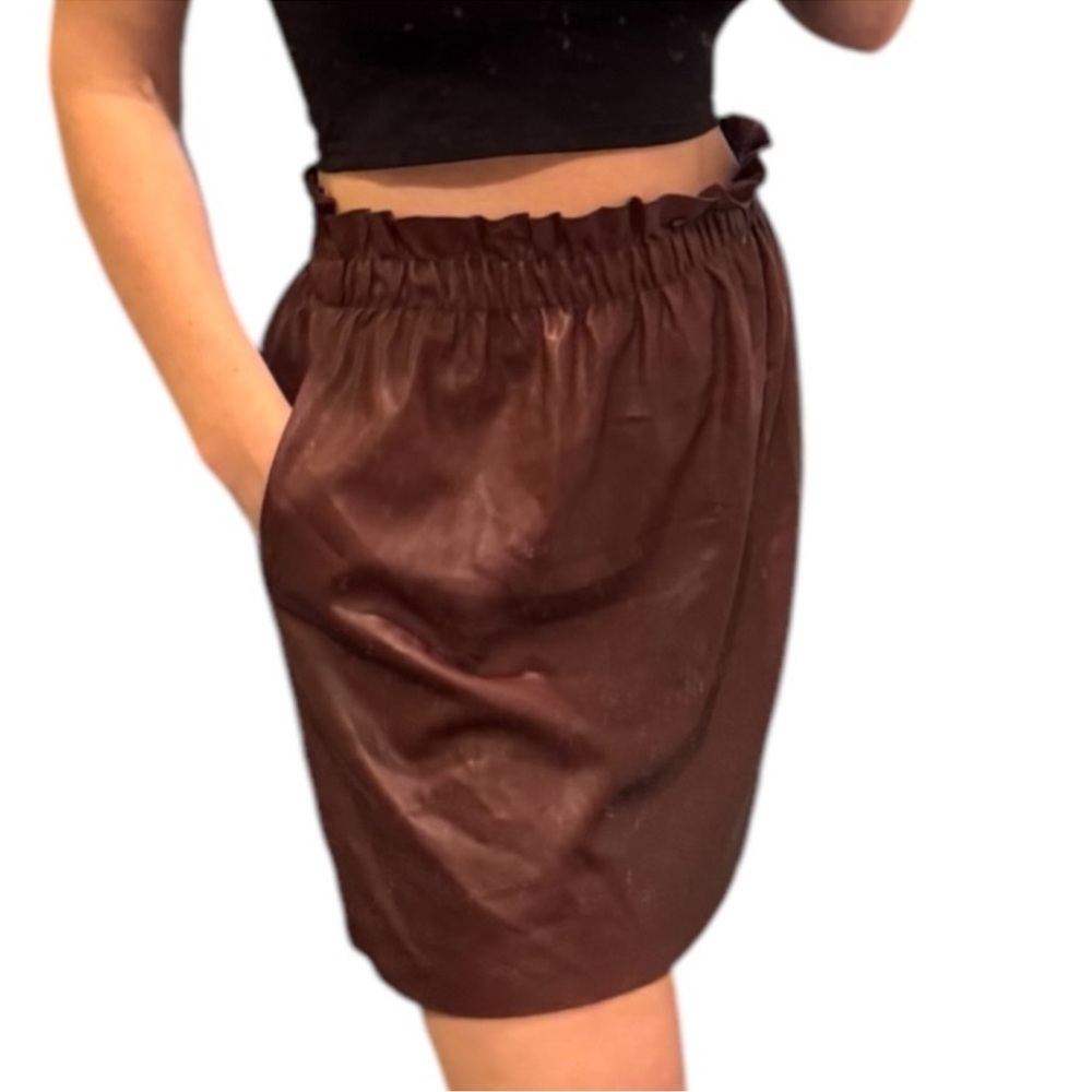 NWOT Zara Brown Faux Leather Mini Skirt with Elastic Paperbag Waist